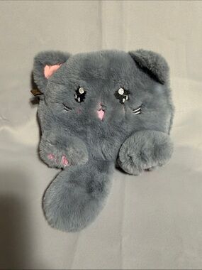 Gray Plush Kitty Wristlet Pouch with Pink Accent